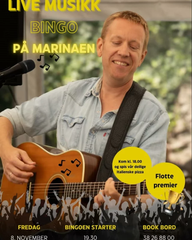 🎸LIVE MUSIKK BINGO🎸 på Marinaen Restaurant.
Fredag 8. november.

Kom kl.18.00 og spis vår deilige Italienske pizza, før bingoen starter kl.19.30.

Allsang og flotte premier!

Book bord allerede i dag:
📞 38 26 88 00